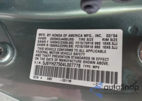 2004 Honda Element Ex from USA, damaged, VIN 5J6YH27504L007778